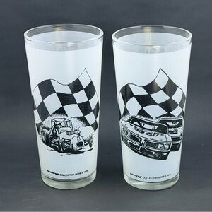 Two Vintage 1976 AYR-WAY Collector Series Midget Formula One NASCAR Glasses EUC